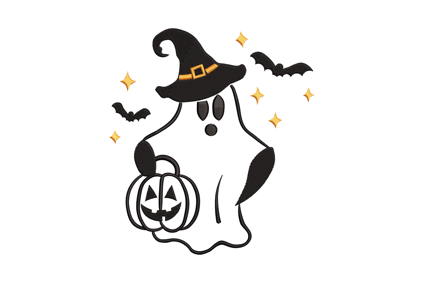 Halloween ghost witch hat pumpkin embroidery design with a round puffy ghost wearing a tall witch hat carrying a carved jack-o-lantern, with orange sparkle stars and small bats.