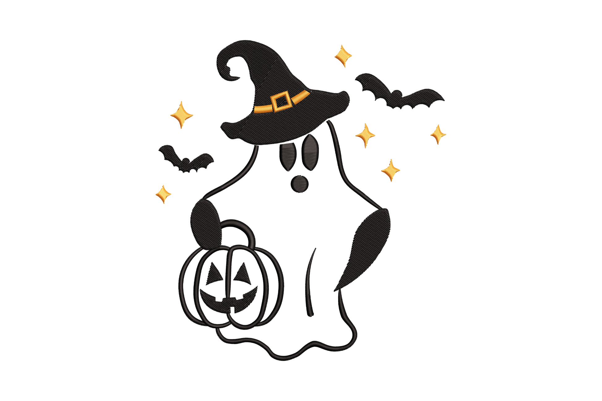 Halloween ghost witch hat pumpkin embroidery design with a round puffy ghost wearing a tall witch hat carrying a carved jack-o-lantern, with orange sparkle stars and small bats.