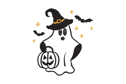 Halloween ghost witch hat pumpkin embroidery design with a round puffy ghost wearing a tall witch hat carrying a carved jack-o-lantern, with orange sparkle stars and small bats.