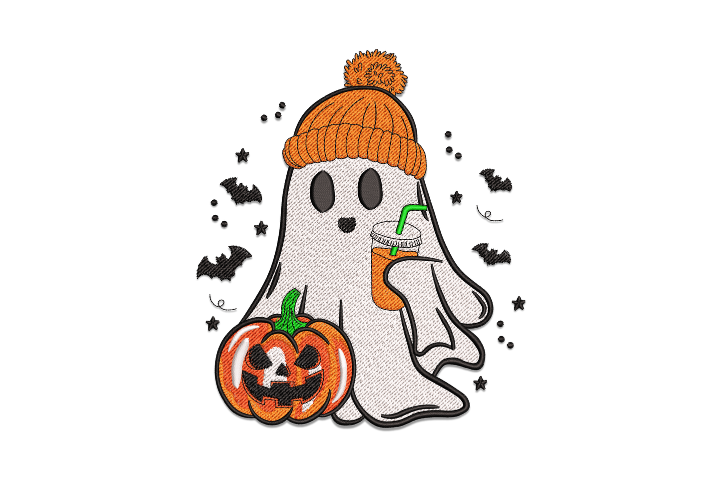 Halloween ghost with pumpkin and drink embroidery design, cute cartoon ghost in 5 colours, 4 sizes up to 6.5 inches, spooky fall theme