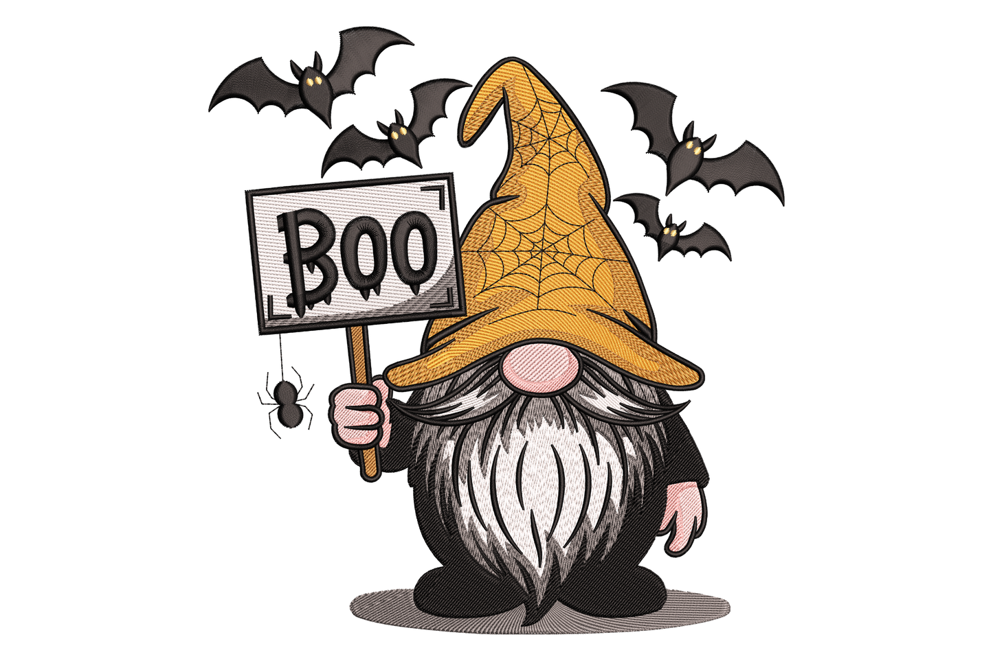 Halloween gnome with tall black hat large cream beard and BOO block letters, 8-colour complex design, 3.51 x 3.71 inches, machine embroidery