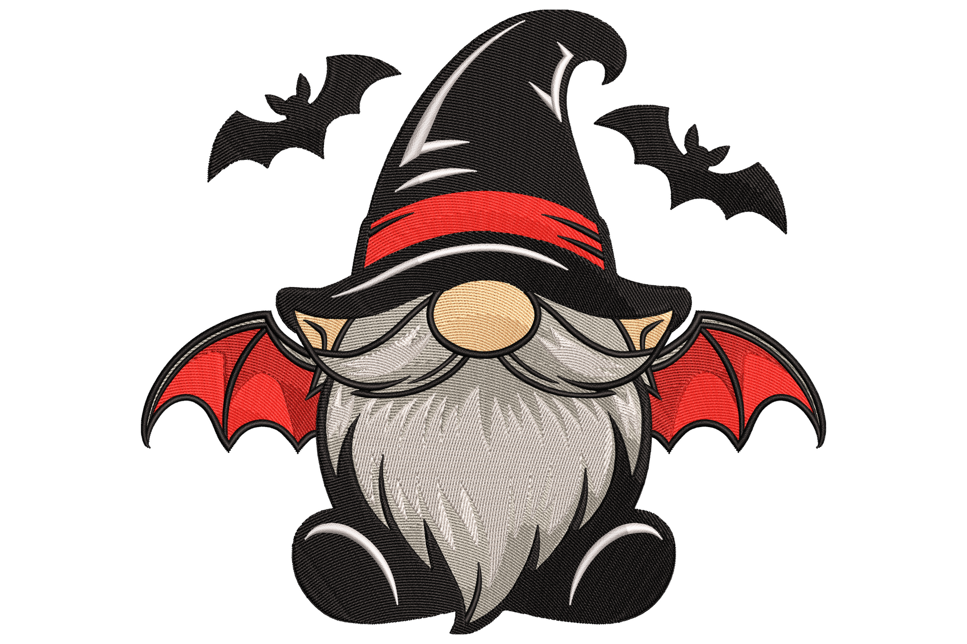 Halloween gnome bat embroidery showing stout gnome with grey beard and purple hat with small black bat on white background.