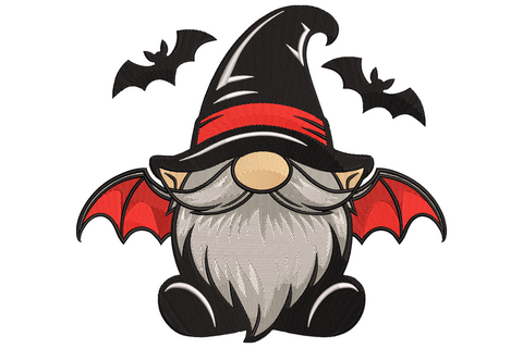 Halloween gnome bat embroidery showing stout gnome with grey beard and purple hat with small black bat on white background.