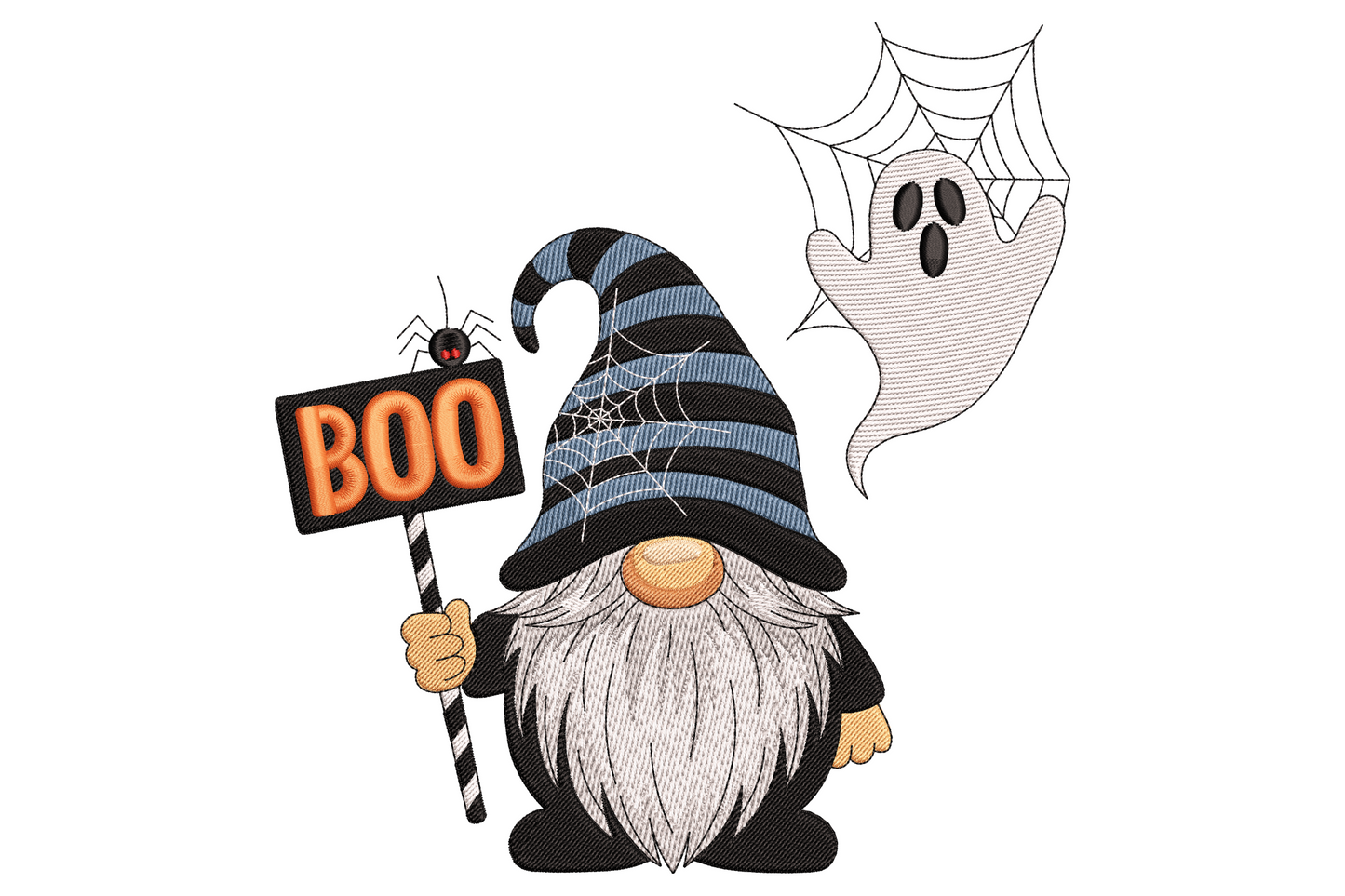 Halloween gnome holding a boo sign, striped orange black hat, fluffy beard, flat cartoon style machine embroidery design in orange black and grey.