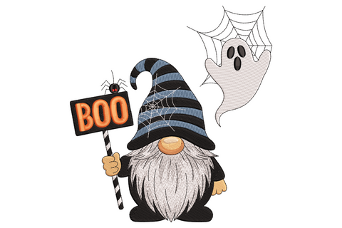 Halloween gnome holding a boo sign, striped orange black hat, fluffy beard, flat cartoon style machine embroidery design in orange black and grey.