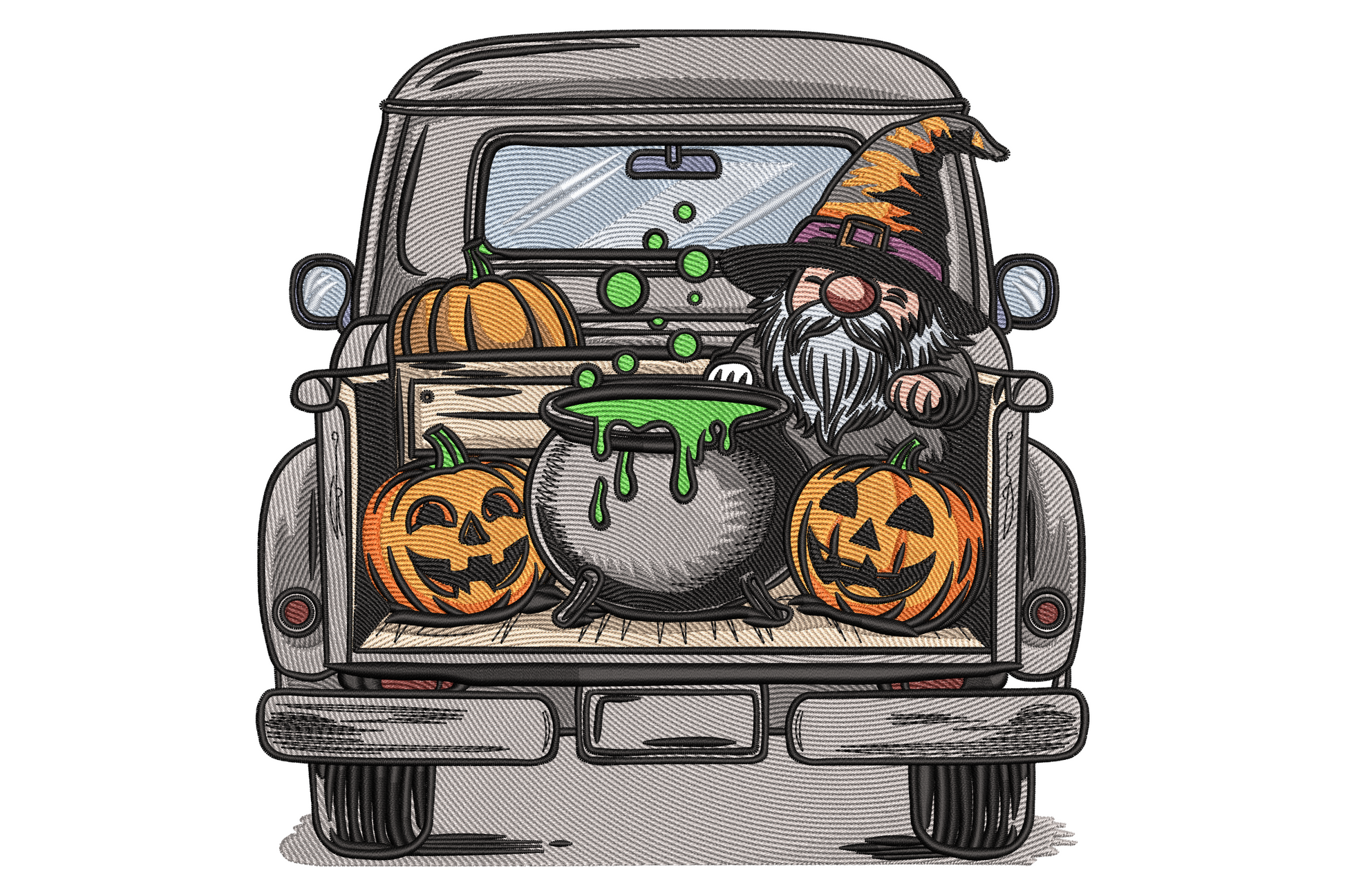 Halloween embroidery design with grey pickup truck rear, purple-hat gnome, orange jack-o-lantern pumpkins and green cauldron.
