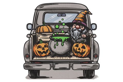 Halloween embroidery design with grey pickup truck rear, purple-hat gnome, orange jack-o-lantern pumpkins and green cauldron.