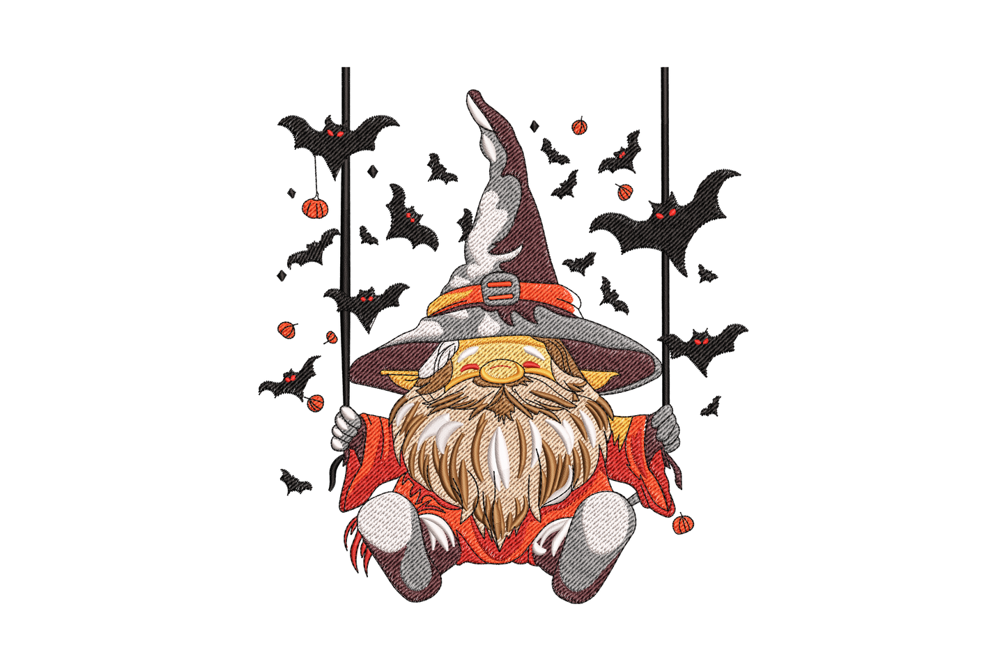 Cute halloween gnome on rope swing wearing tall striped witch hat with bats and pumpkins around him.