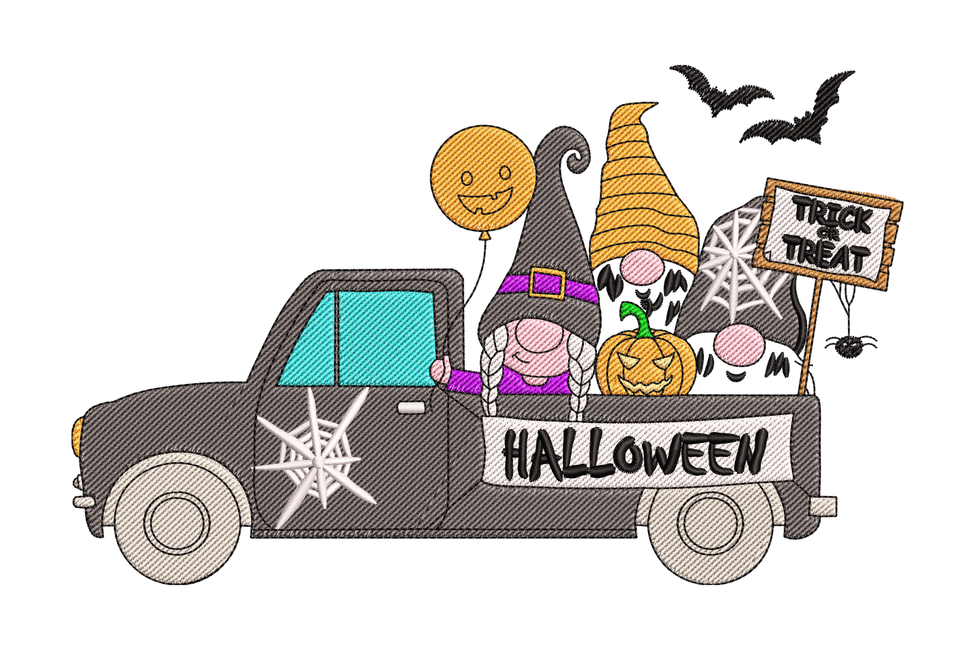 Halloween gnomes truck embroidery design with gnomes in a vintage truck loaded with pumpkins, 11 thread colours, 3 sizes from 4 to 5.3 inches for halloween shirts totes and seasonal decor