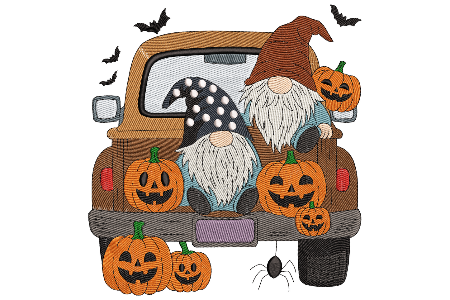 Halloween gnomes truck embroidery with two gnomes, carved pumpkins and bats in orange, brown, navy and black.