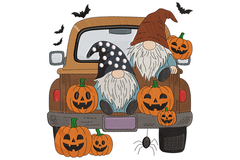 Halloween gnomes truck embroidery with two gnomes, carved pumpkins and bats in orange, brown, navy and black.