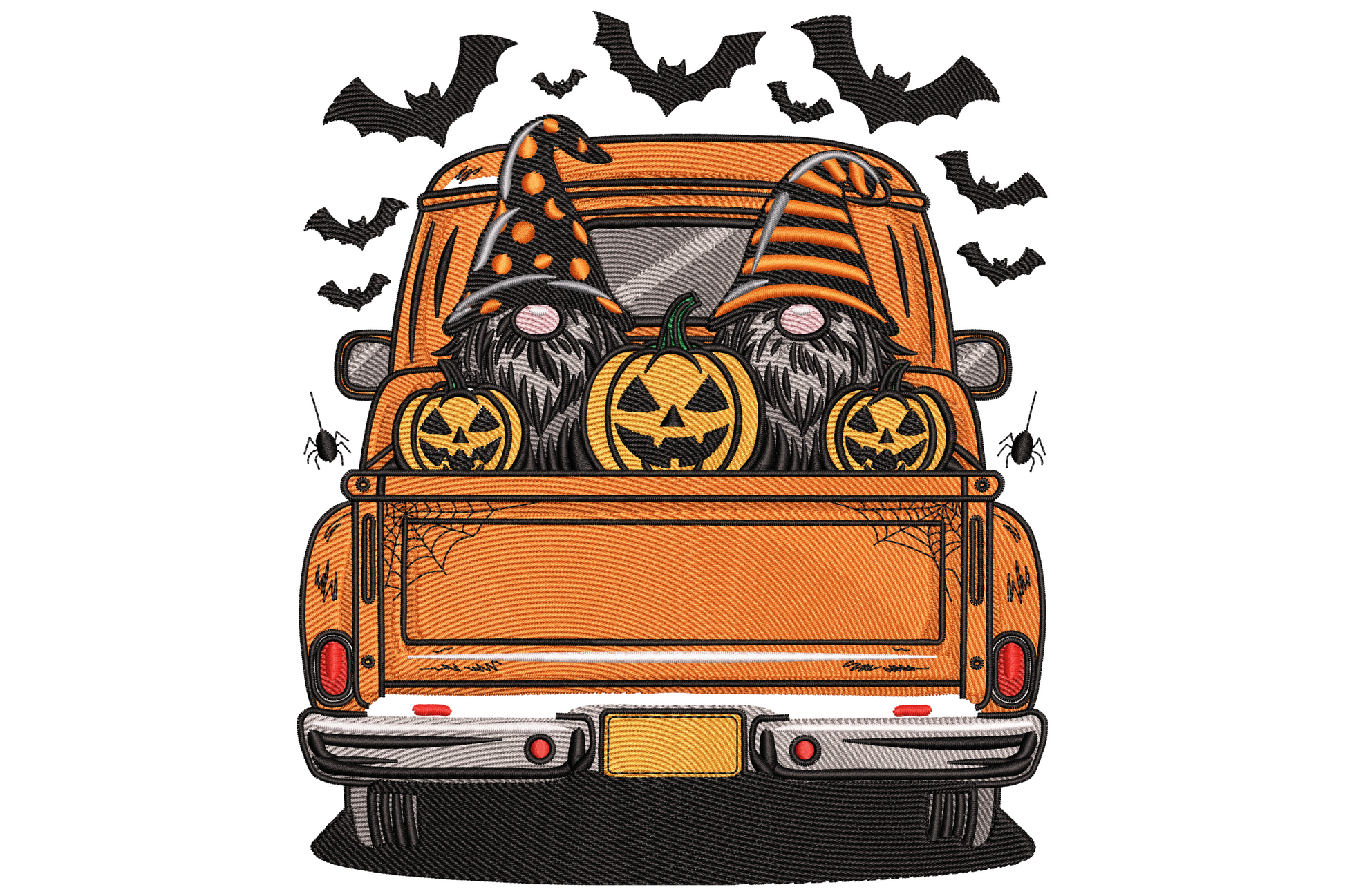 Halloween gnomes in truck embroidery design showing two pointy-hatted gnomes in a vintage orange pickup truck bed with jack-o-lanterns, spiders and bats.
