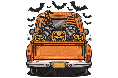 Halloween gnomes in truck embroidery design showing two pointy-hatted gnomes in a vintage orange pickup truck bed with jack-o-lanterns, spiders and bats.