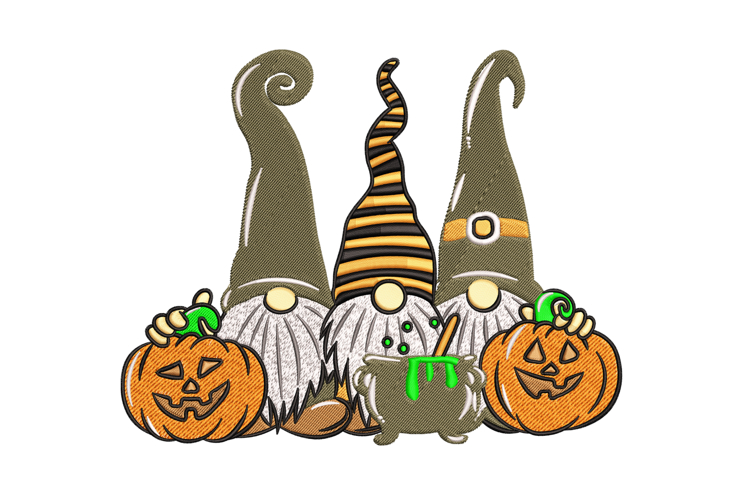 Halloween gnomes embroidery, three gnomes in striped hats with two carved jack-o-lanterns in orange olive and black.