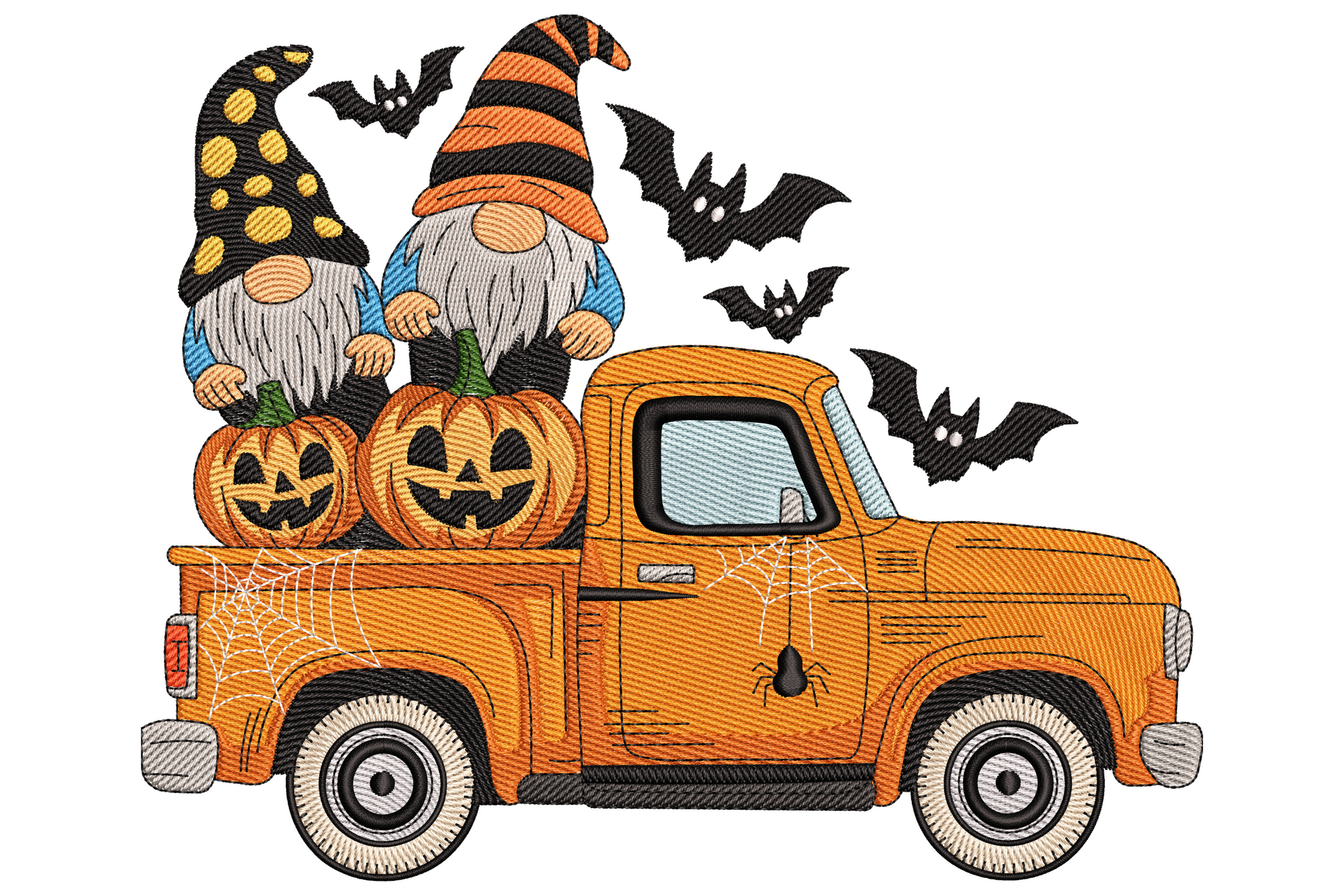 Side view of orange vintage truck with two halloween gnomes pumpkins bats and spider web embroidery design