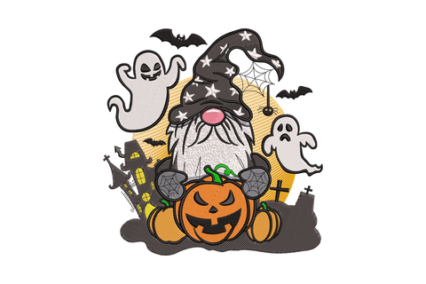 Halloween gnome embroidery with pumpkin hat, carved jack-o-lantern face, long beard and small ghost companions floating around.