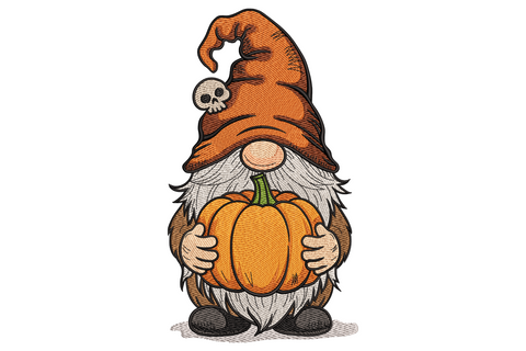 Halloween gnome embroidery with oversized burnt-orange hat with skull badge, long white crosshatch beard and small hands holding an orange carved pumpkin.
