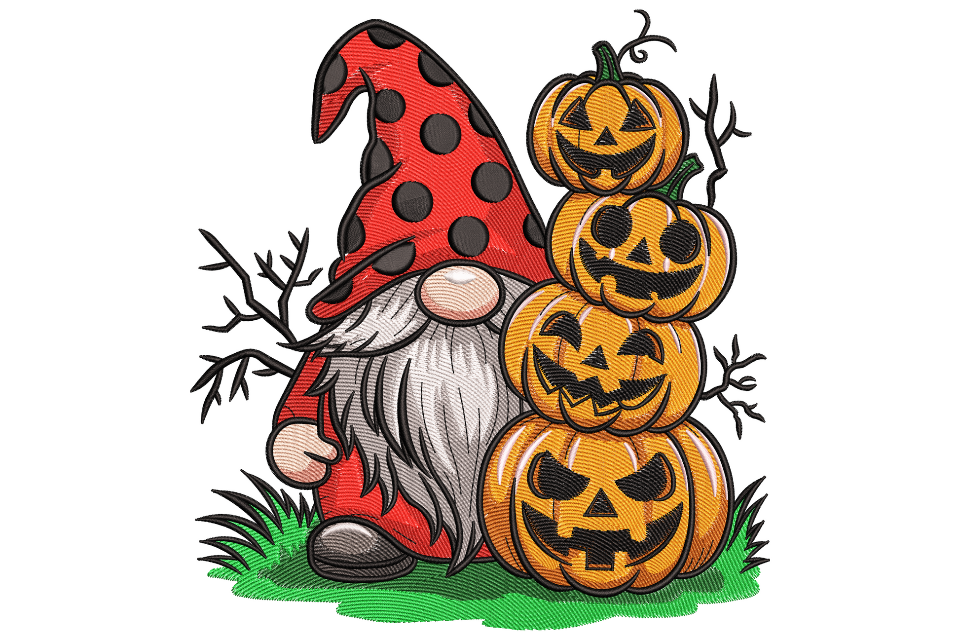 Halloween gnome with red polka-dot hat next to a stacked trio of carved orange jack-o-lanterns, bare twig branches on either side.