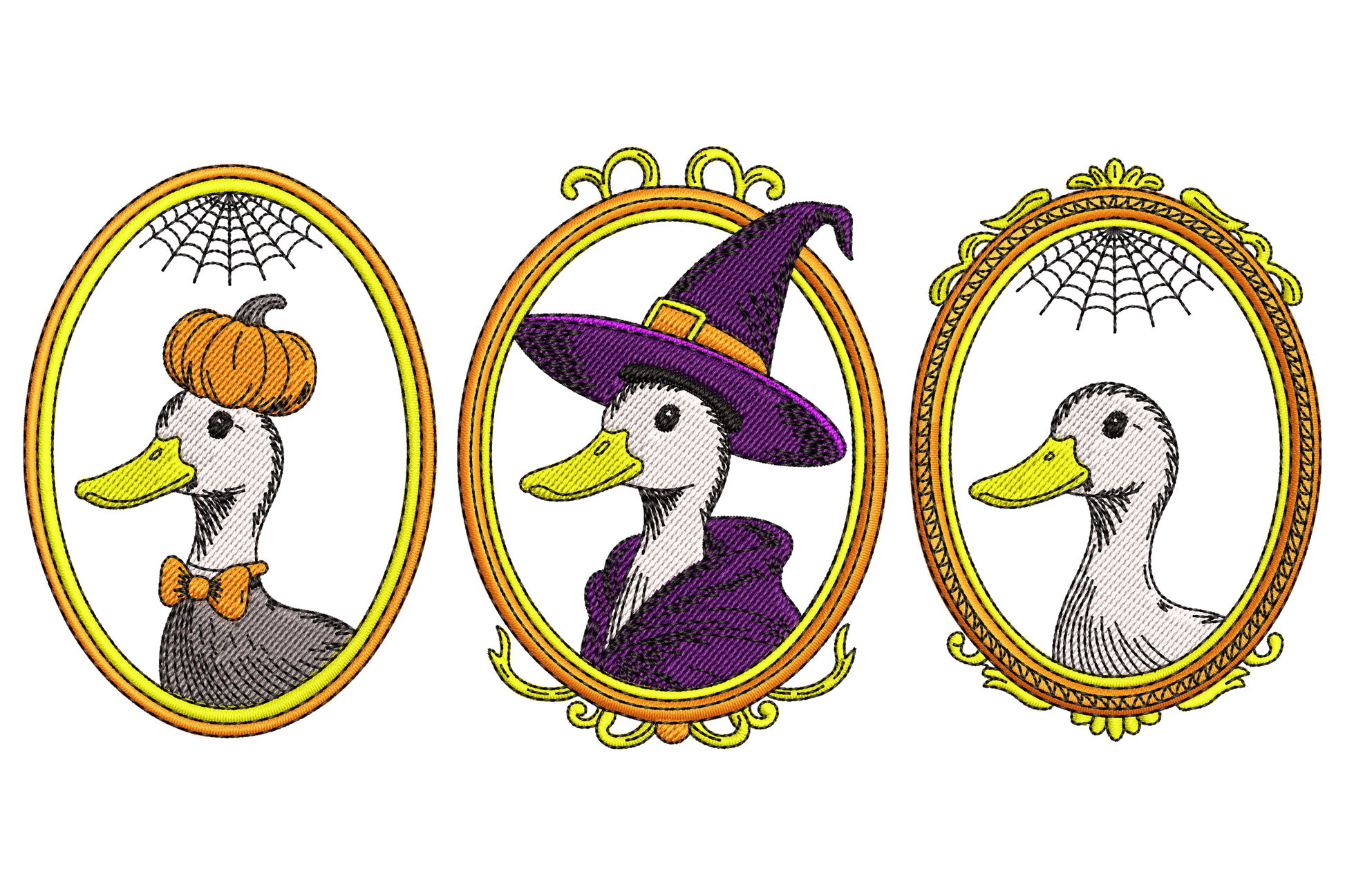Halloween goose portrait machine embroidery design, grumpy goose in witch hat, seven colours, directional satin feather stitching, landscape composition.