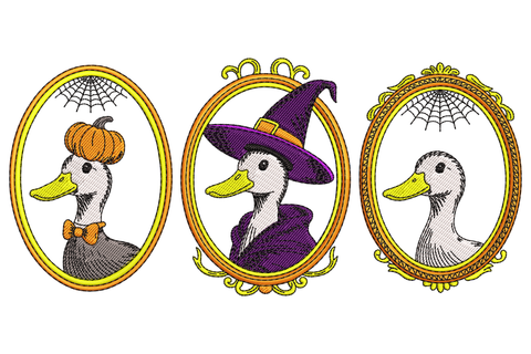 Halloween goose portrait machine embroidery design, grumpy goose in witch hat, seven colours, directional satin feather stitching, landscape composition.