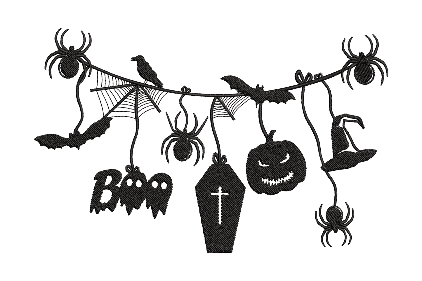 Halloween garland embroidery design, spiders cobweb bats pumpkin witch hat coffin Boo text on string, black thread