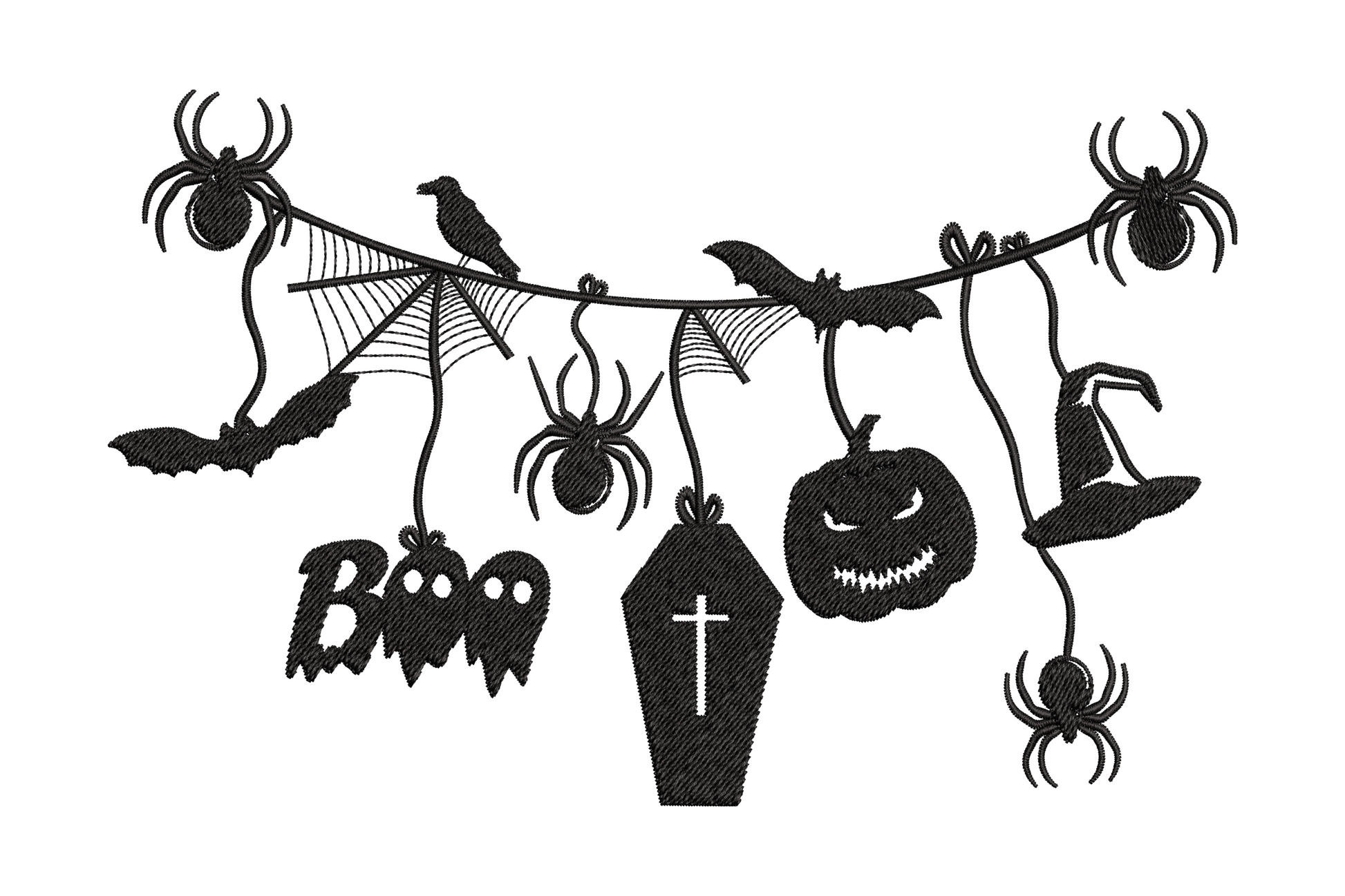 Halloween garland embroidery design, spiders cobweb bats pumpkin witch hat coffin Boo text on string, black thread