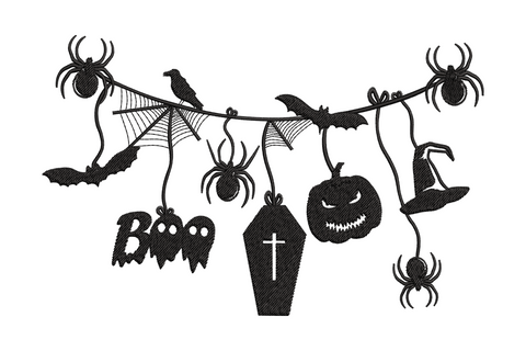 Halloween garland embroidery design, spiders cobweb bats pumpkin witch hat coffin Boo text on string, black thread