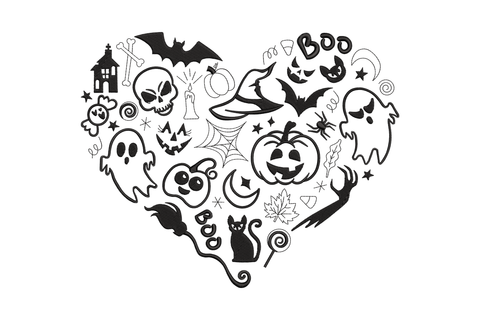 Halloween heart doodle embroidery in black thread filled with ghosts, skulls, pumpkins, bats, spiders, cats and Halloween icons.