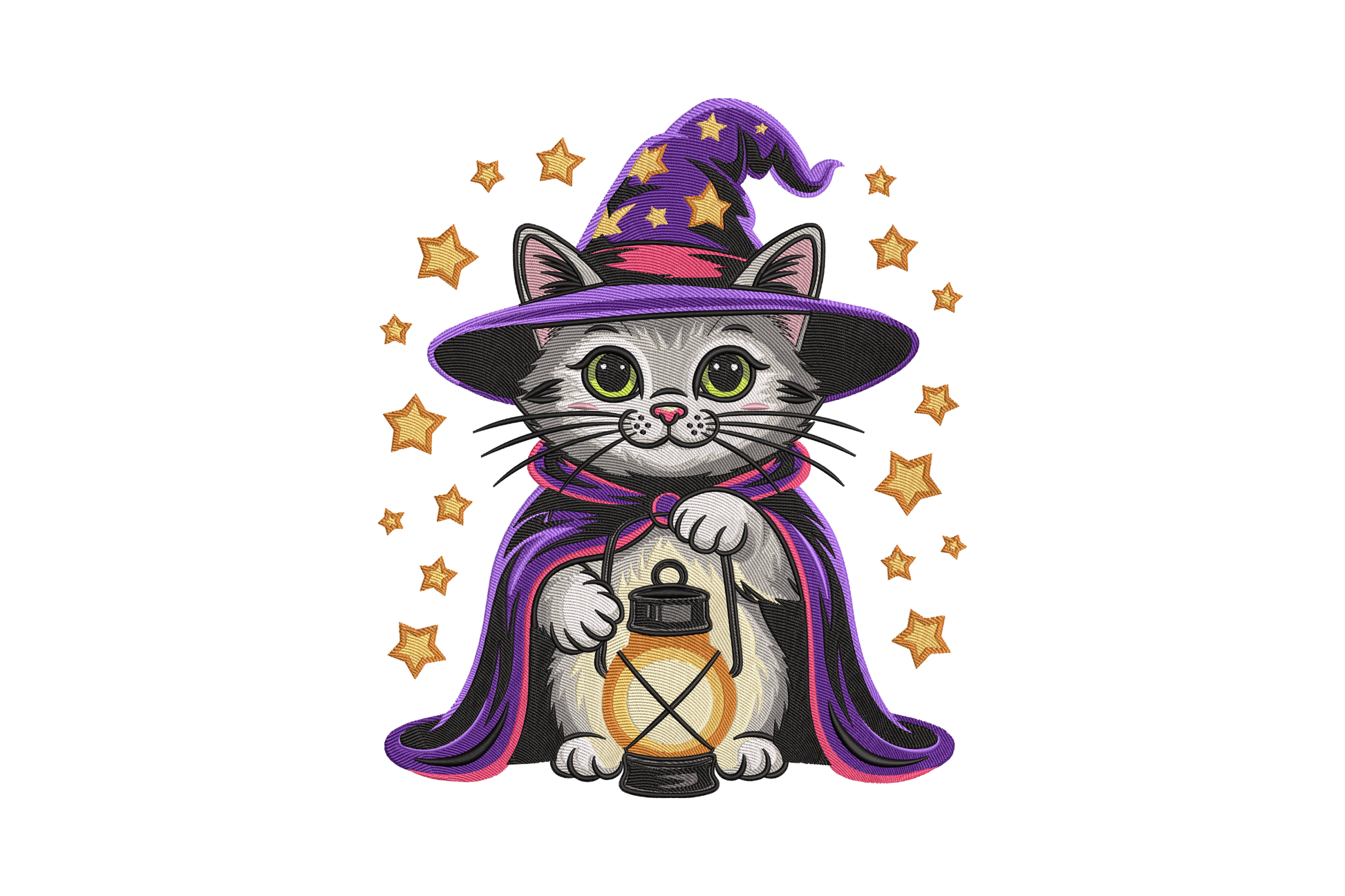 Cat in a witch costume with a hat and cape, holding a lantern embroidery design