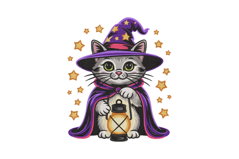 Cat in a witch costume with a hat and cape, holding a lantern embroidery design