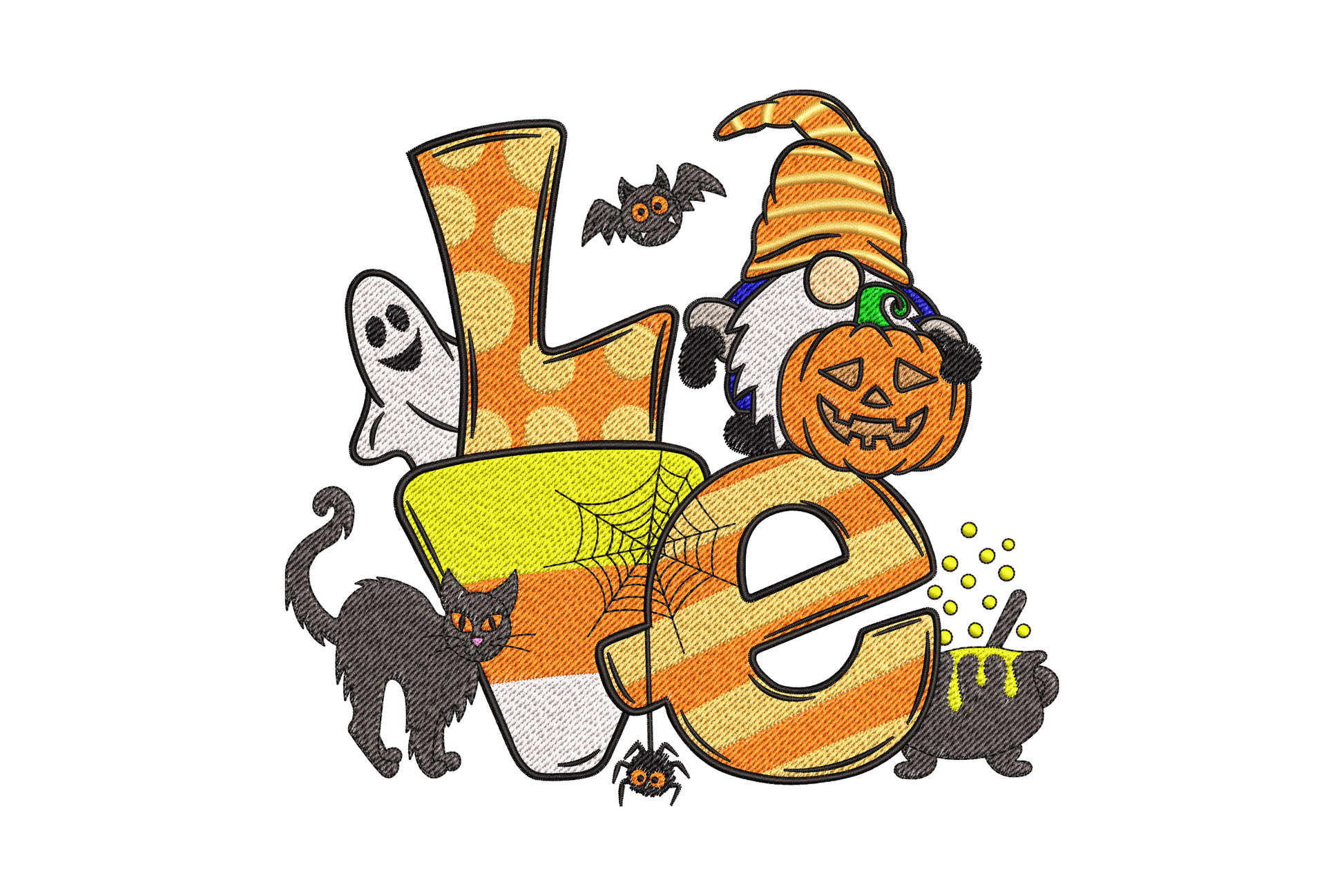 Halloween LOVE gnome embroidery design, L-ghost O-pumpkin V-candy corn E-black cat lettering, 12-color machine embroidery