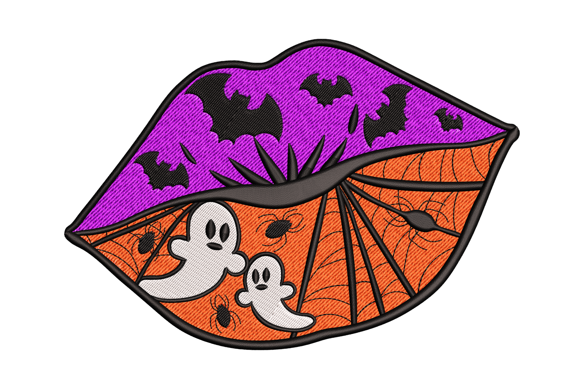 Halloween lips embroidery design with bright red vampire lips, ivory fangs, and dark drips, Gothic Halloween machine embroidery pattern 5 sizes.