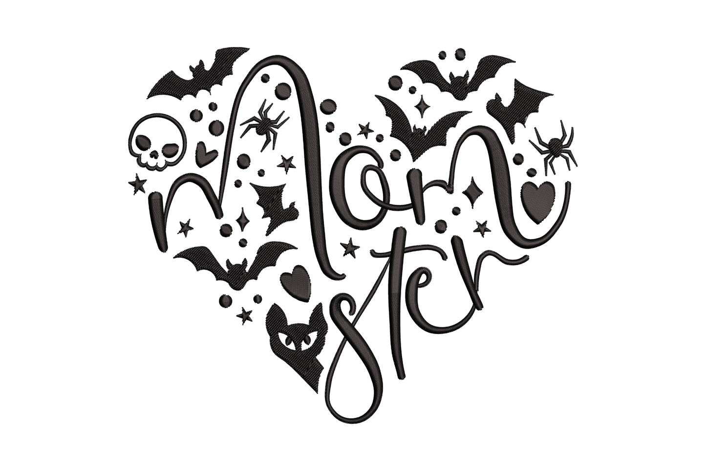 Halloween Momster heart embroidery design with chunky black script letters forming a heart shape, filled with bats, skull, spiders and stars.