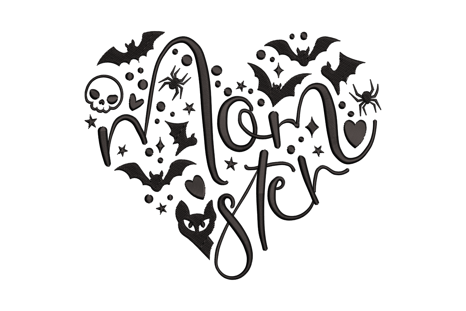 Halloween Momster heart embroidery design with chunky black script letters forming a heart shape, filled with bats, skull, spiders and stars.