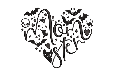Halloween Momster heart embroidery design with chunky black script letters forming a heart shape, filled with bats, skull, spiders and stars.