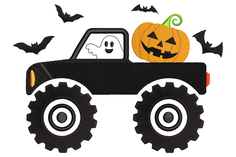 Halloween monster truck embroidery design with black truck, ghost driver in cab, orange pumpkin in truck bed and bats flying.