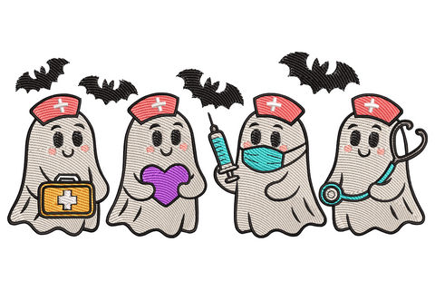 Embroidered four cute ghost nurses with first aid kit, purple heart, syringe and stethoscope under flying bats