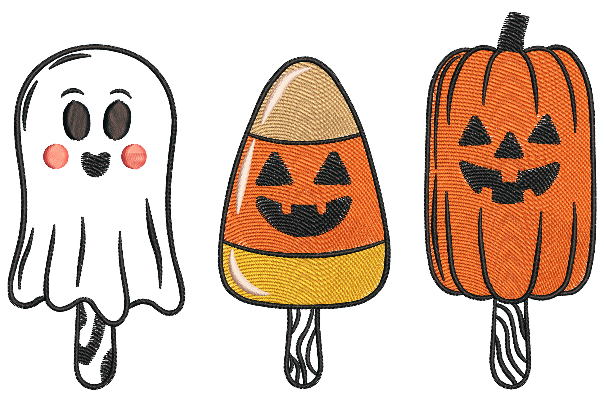 Halloween popsicle trio embroidery with ghost, candy corn and jack-o-lantern popsicles side by side in orange, white and black.