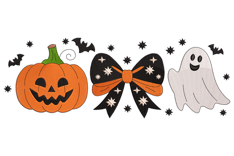 Halloween embroidery stack with orange jack-o-lantern, lavender bow at the stem, and white floating ghost with dot eyes.