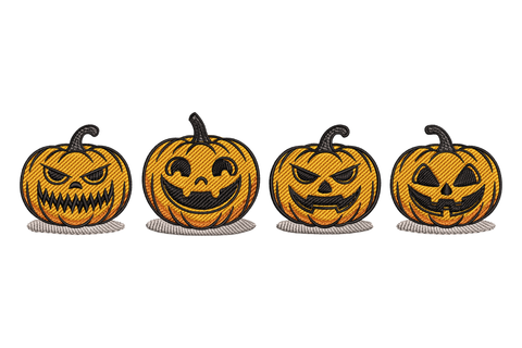 Row of carved Halloween jack-o-lantern faces with different expressions in five colours, ultra-flat banner strip, 3.5 by 0.91 inches machine embroidery design