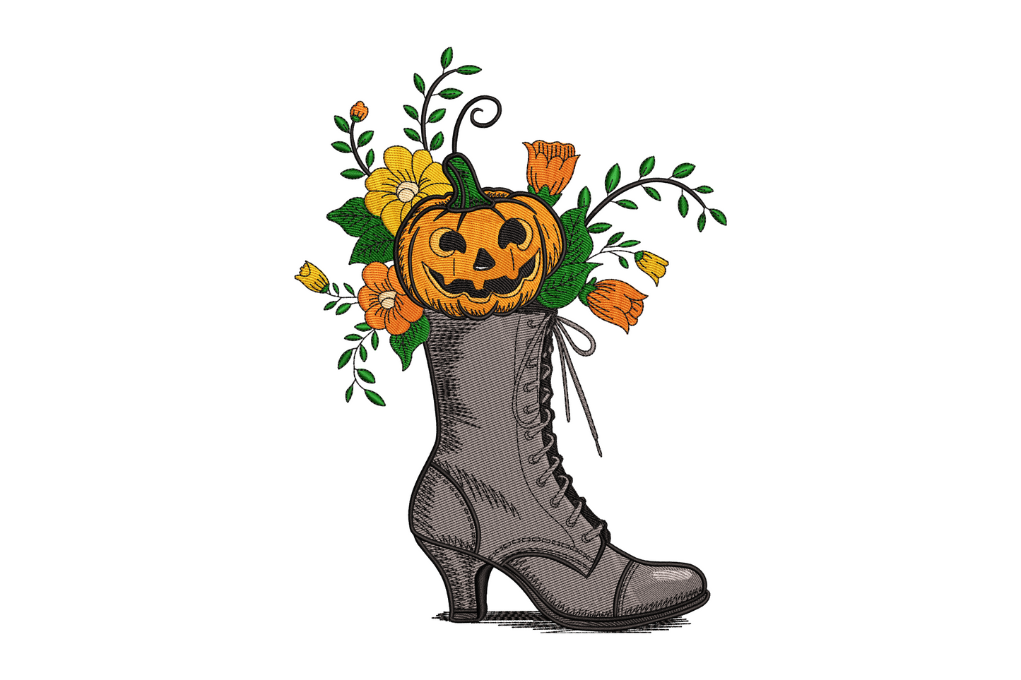 Halloween cowboy boot embroidery in brown leather covered in orange pumpkins white daisies sage vines and small black bats