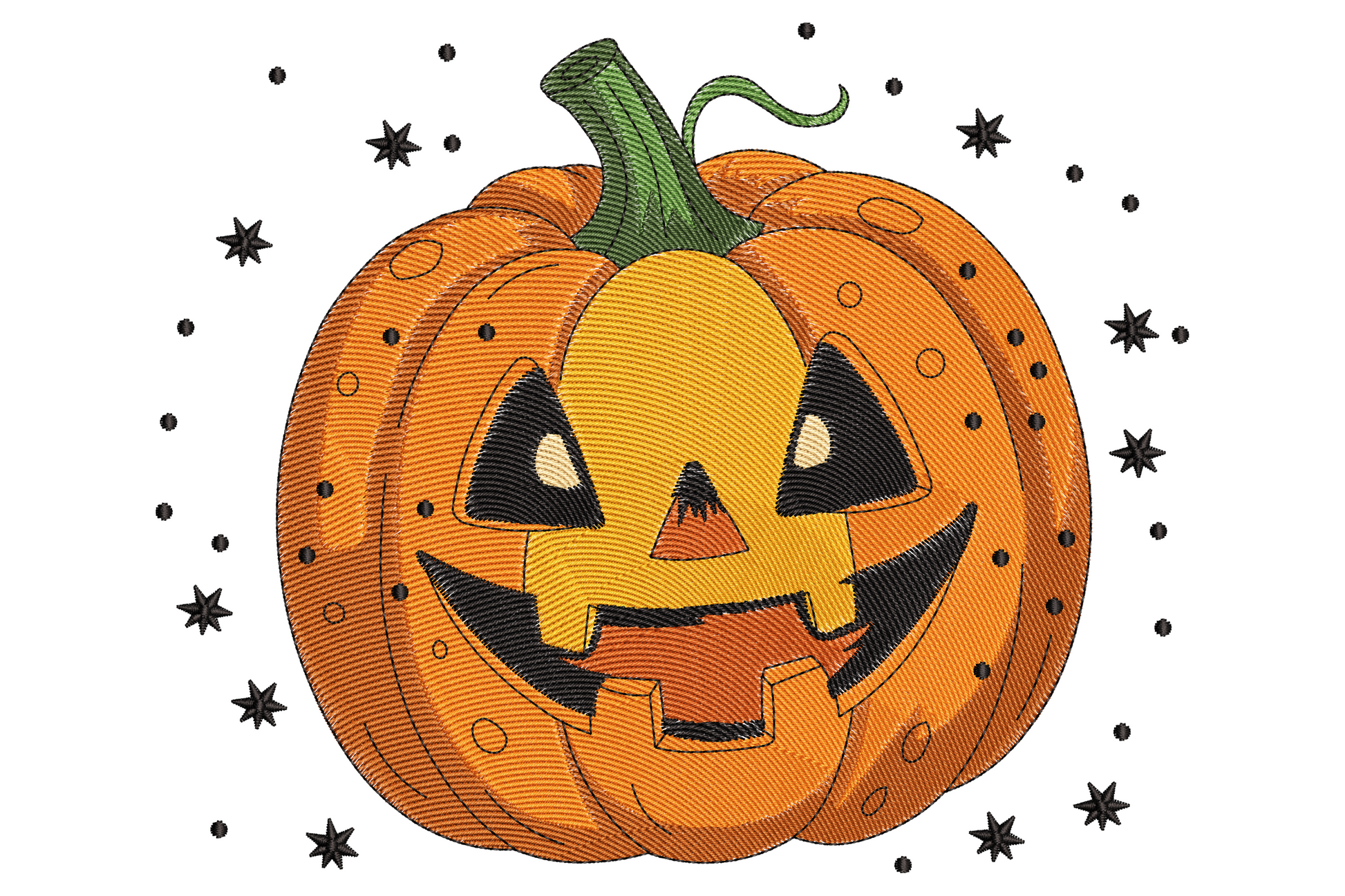Halloween jack-o-lantern embroidery with triangular eyes, jagged toothy grin and warm orange to amber shading on black fabric.