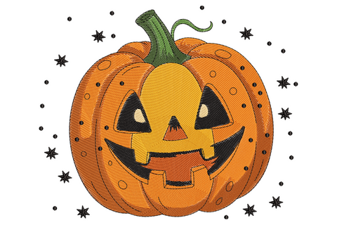 Halloween jack-o-lantern embroidery with triangular eyes, jagged toothy grin and warm orange to amber shading on black fabric.