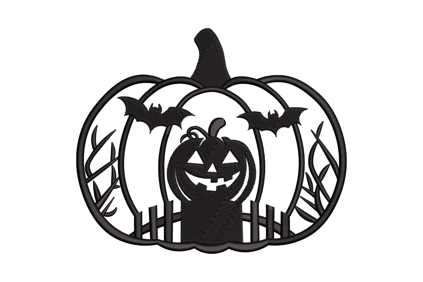 Embroidered pumpkin silhouette frame with carved lantern face, bats and picket boards inside, single colour black halloween scene