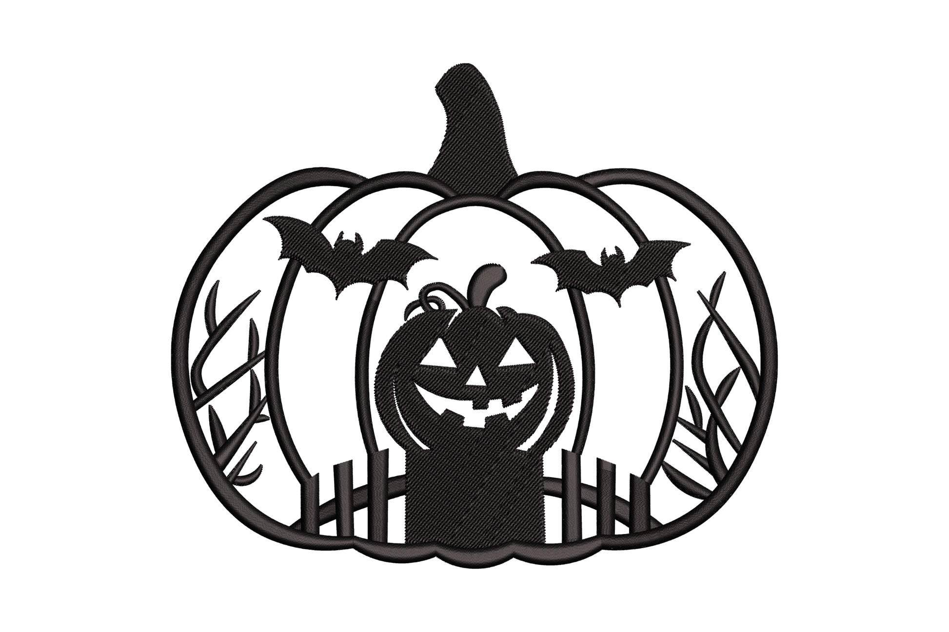Embroidered pumpkin silhouette frame with carved lantern face, bats and picket boards inside, single colour black halloween scene