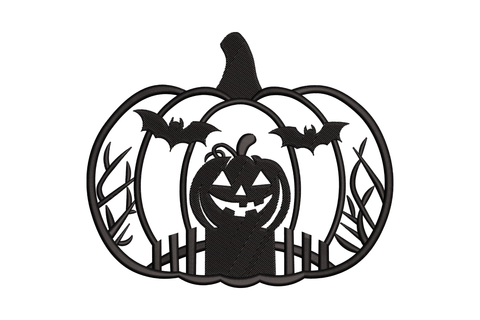 Embroidered pumpkin silhouette frame with carved lantern face, bats and picket boards inside, single colour black halloween scene