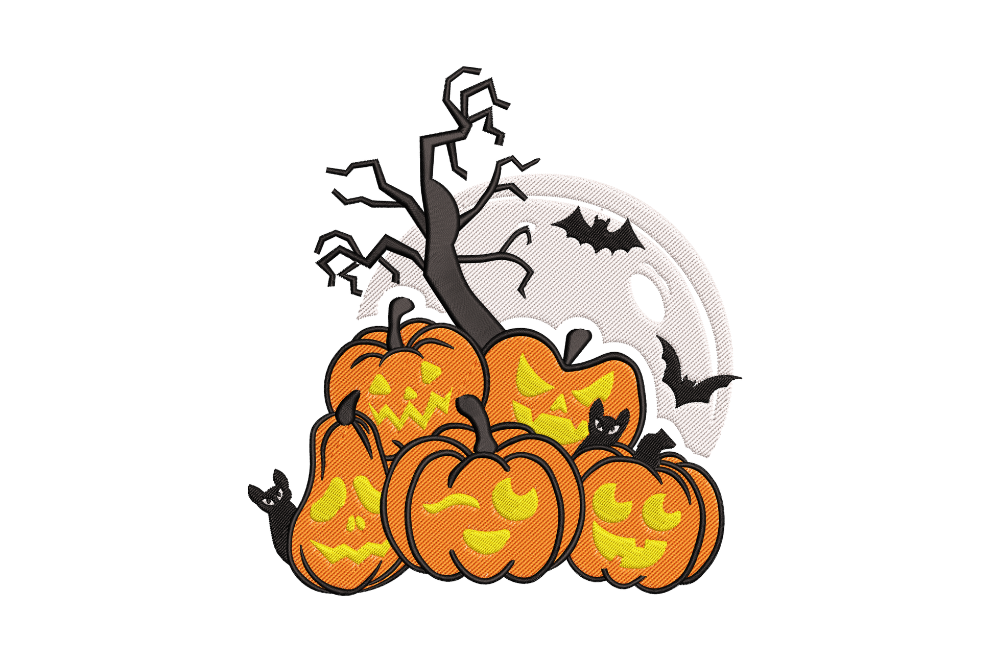 Three stacked halloween pumpkins embroidery with carved jack-o-lantern faces, candle flame and green vine on dark fabric.