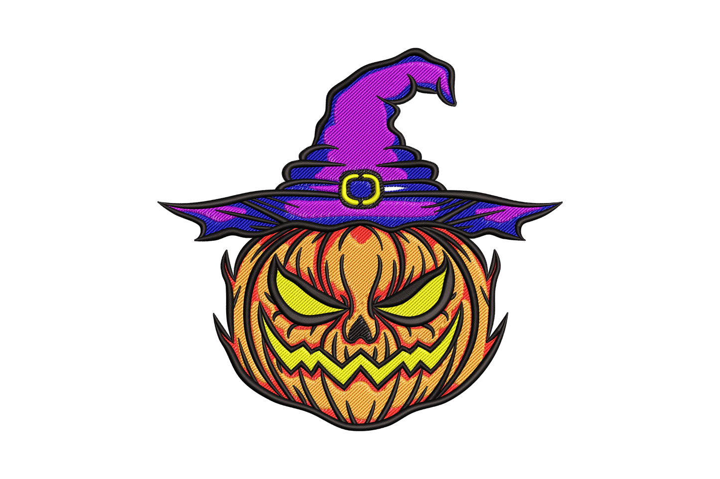 Carved orange halloween pumpkin with triangular eyes and jagged grin, tall black witch hat with gold buckle, lime green stem.