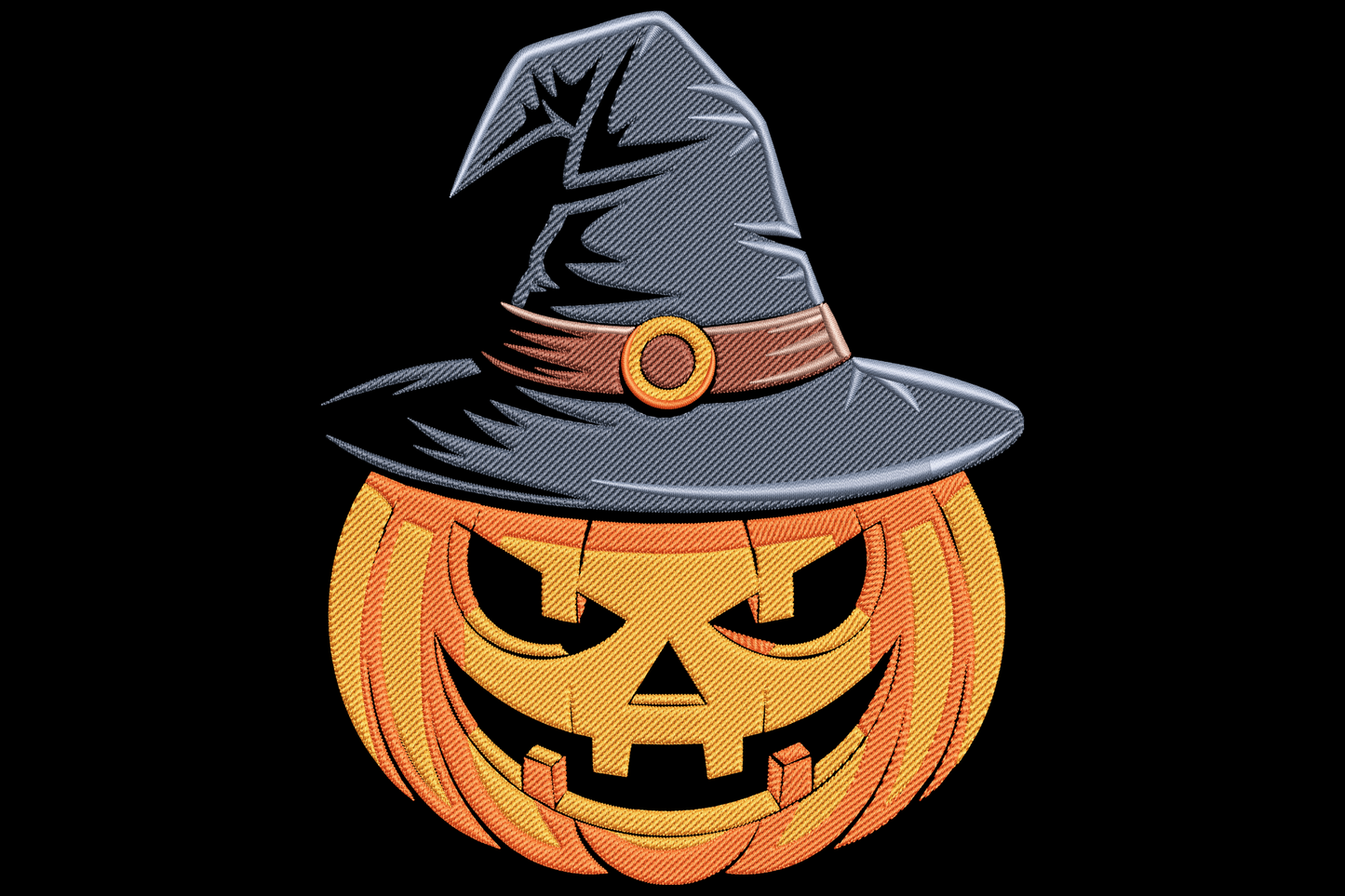 Halloween pumpkin with witch hat embroidery design, carved jack o lantern in orange and black with tall pointed black hat, six colour spooky machine embroidery