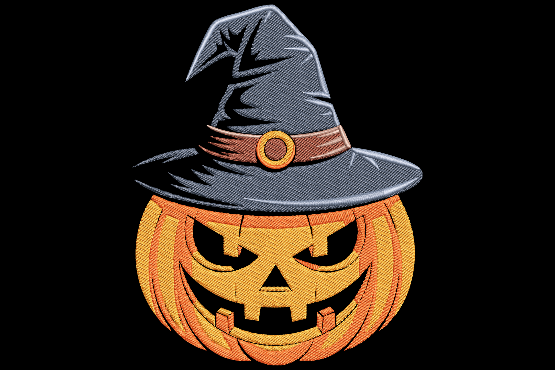 Halloween pumpkin with witch hat embroidery design, carved jack o lantern in orange and black with tall pointed black hat, six colour spooky machine embroidery